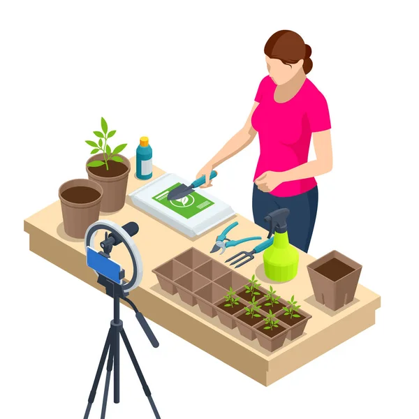 Isometrischer Videoblogger Der Blumen Pflanzt Gartenarbeit Und Hausarbeit Erledigt Frau — Stockvektor