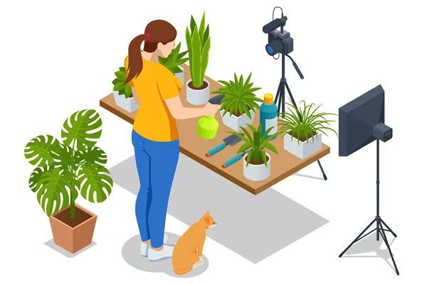 アイソメトリックビデオブロガーは 園芸や家事を植える 家庭でカメラの録画チュートリアルビデオと女性やブロガーの植えポットの花 — ストックベクタ