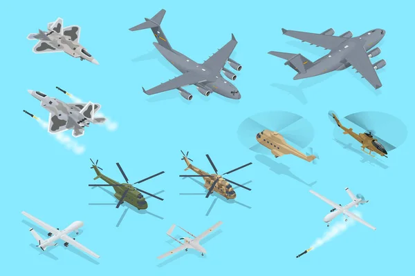 等距军用航空队集合 现代军用喷气式重型运输机 运输直升机 军用飞机在飞行 军事空运 — 图库矢量图片