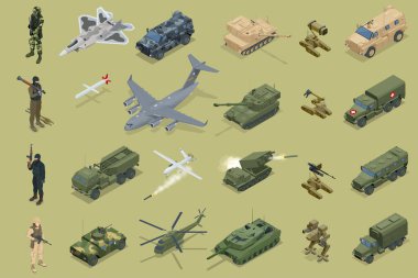 İzometrik Askeri Nakliye. Askeri roket salvo yangın sistemi, hava taşımacılığı, çoklu roket atar, helikopter, insansız hava aracı, roket salvo yangın sistemi, savaş uçağı.
