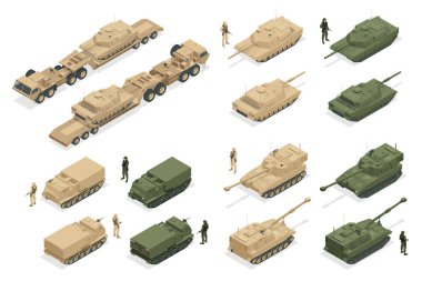 Isometric Askeri savaş seti, Çoklu Fırlatma Roket Sistemi, zırhlı, kendinden güdümlü, çoklu roketatar, Füze, dizel motorlu askeri kamyon çekici ve tank beyaz üzerine izole edildi.