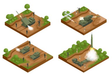 Askeri savaş Isometric roket salvo yangın sistemini tekerlekli iniş takımlarına ayarladı. Roket topçuları. Taktiksel balistik füze. Roketli bir traktör. Orta Mesafeli Balistik Füze