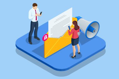 Isometric E- posta Bildirimi Konsepti. Çevrimiçi Sohbet Sosyal Metin Konsepti. Konserve et. Yeni E- posta, Mesajlaşma, E- posta Pazarlama Çalışma süreci, Yeni e- posta iletisi.