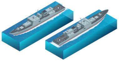 Ordu için Isometric Amiral Battı. Askeri donanma gemisi beyaz arka planda izole edilmiş..
