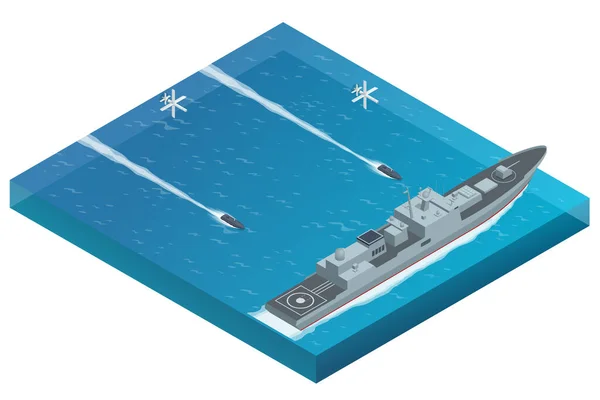 Isometrische Aanval Een Militair Marineschip Met Luchtdrones Militaire Drones Zee — Stockvector