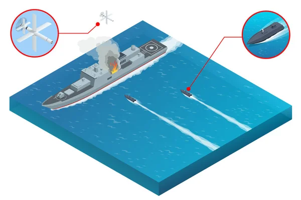 Attaque Isométrique Navire Guerre Militaire Avec Drones Aériens Drones Militaires — Image vectorielle