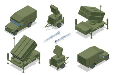 Isometric NASAMS karadan havaya füze sistemi. Sistem insansız hava araçları, helikopterler, cruise füzeleri, insansız savaş hava araçları ve sabit kanatlı uçaklara karşı savunmada.