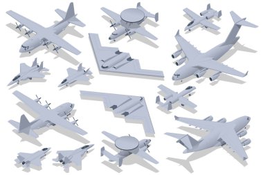 Isometric askeri hava kuvvetleri seti. Saldırı uçağı, Gizli Stratejik ağır bombardıman uçağı, Stratejik ve taktik uçak, Askeri Havacılık. Stratejik ve taktiksel hava taşımacılığı.