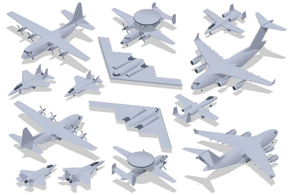 Isometric Askeri Hava Kuvvetleri Seti Saldırı Uçağı Gizli Stratejik Ağır — Stok Vektör