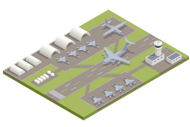 Isome askeri savaş uçakları, büyük askeri nakliye uçakları, park edilmiş. Hangarlı askeri hava üssü ordu tesisleri..