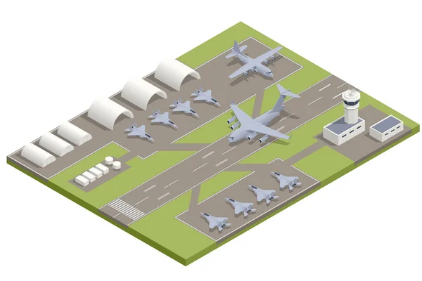 Aeronaves Caça Militares Isométricas Grandes Aeronaves Transporte Militar Estacionadas Base —  Vetores de Stock