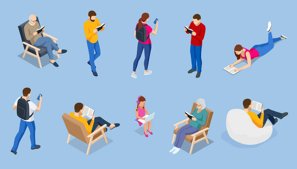 Different isomeric people icons set. Isometric concept of people reading