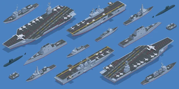 Grupo Batalla Isométrico Carrier Flota Naval Compuesta Por Buque Capital — Vector de stock