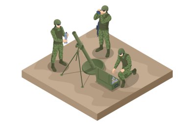 Isometric Soldiers havan topu ekibi. Havan topu. Özel kuvvetler. Havan ekibi ateş ediyor, askerler. Ordu, asker ve savaş için askeri bir kavram. Havan topu askeri silah..