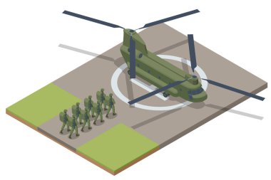 Askerler helikoptere biniyor. Isometric Chinook, çift yönlü bir helikopter. Özel kuvvetler. Ordu, asker ve savaş için askeri konsept