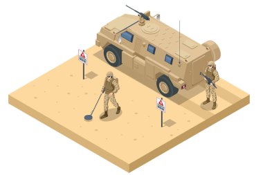 Isometric Soldiers Mine. Askeri mayın temizleme ekipmanı. Özel kuvvetler. Ordu, asker ve savaş için askeri bir kavram. Askeri off-road arabası. Zırhlı piyade aracı. Ağır kamyon..