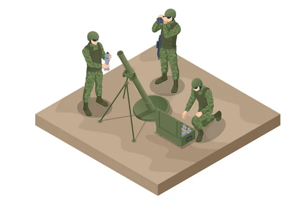 Isometric Soldiers Mortar Crew Mortar Gun Special Force Crew Mortar — Stock Vector