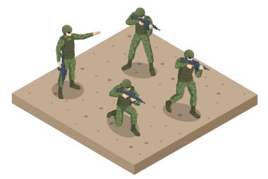 Isometric Attack Askerleri. Özel kuvvetler. Ordu, asker ve savaş için askeri bir kavram. Tüfek tutan bir asker.