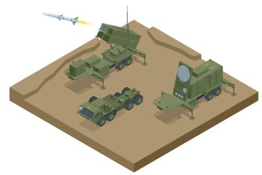 Isometric Mobile karadan havaya füze ya da anti-balistik füze sistemi MIM-104 Patriot. Amerikan karadan havaya füze sistemi Raytheon tarafından stratejik hedefleri korumak için geliştirildi..