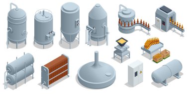 Isometric Brewing, özel bira fabrikasında bira demleme ekipmanları. Modern Bira Fabrikası. Bira fermantasyonu ve olgunlaşma için çelik tanklar.