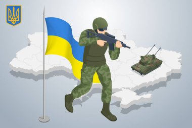 Ukrayna haritasının arka planındaki Isometric Ukrayna askeri ve ulusal silah. Özel Kuvvetler Askeri Polisi, SWAT Ekibi Üyesi. Ordu, ordu ve halk konsepti.