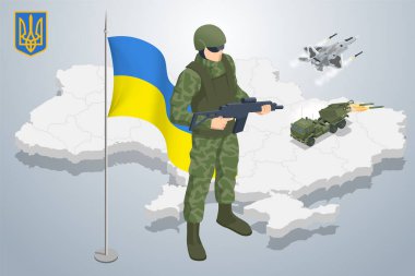 Ukrayna haritasının arka planındaki Isometric Ukrayna askeri ve ulusal silah. Özel Kuvvetler Askeri Polisi, SWAT Ekibi Üyesi. Ordu, ordu ve halk konsepti.