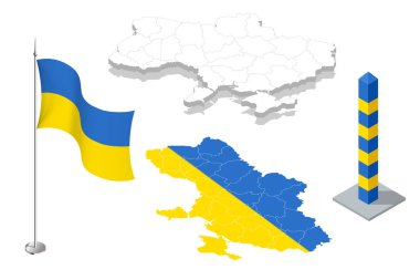 Isometric Ukrayna Bayrağı ve haritası. Ukrayna Doğu Avrupa 'da bir ülkedir.