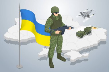 Ukrayna haritasının arka planındaki Isometric Ukrayna askeri ve ulusal silah. Özel Kuvvetler Askeri Polisi, SWAT Ekibi Üyesi. Ordu, ordu ve halk konsepti.