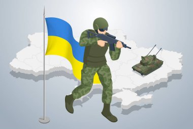 Ukrayna haritasının arka planındaki Isometric Ukrayna askeri ve ulusal silah. Özel Kuvvetler Askeri Polisi, SWAT Ekibi Üyesi. Ordu, ordu ve halk konsepti.