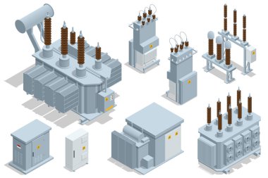 Isometric Transformer . Elektrik Enerji Fabrikası Dağıtım Zinciri. İzole edilmiş Icon Enerji İstasyonu. Yüksek Voltajlı Enerji İstasyonu