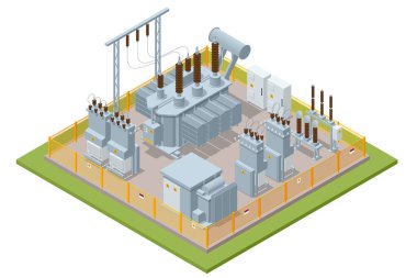 Isometric Transformer . Elektrik Enerji Fabrikası Dağıtım Zinciri. İzole edilmiş Icon Enerji İstasyonu. Yüksek Voltajlı Enerji İstasyonu