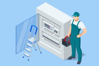 Isometric Elektrik santrali. Transformatör. Dağıtım kurulu. Elektrik teknisyeni trafo istasyonunu kontrol ediyor ya da tamir ediyor. Elektrik Şalteri Elektrik Santrali