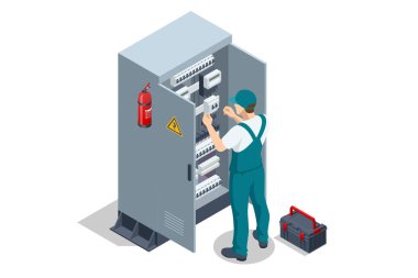 Isometric Elektrik santrali. Transformatör. Dağıtım kurulu. Elektrik teknisyeni trafo istasyonunu kontrol ediyor ya da tamir ediyor. Elektrik Şalteri Elektrik Santrali