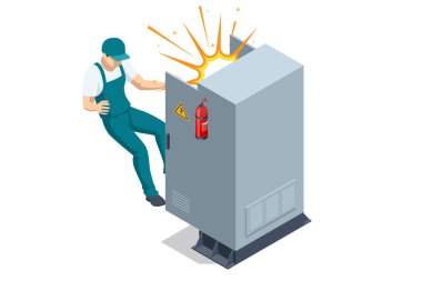 Isometric Elektrik santrali. Transformatör. Dağıtım kurulu. Elektrik şalter paneli. Dönüştürücü hasar gördü ve kısa devre yaptı. .