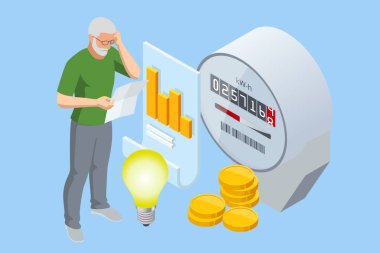 Isome faturası ve elektrik sayacı. Fatura ödemesi. Elektrik tüketimi giderleri. Adam elektrik faturalarını ve faturaları internet üzerinden ödüyor..