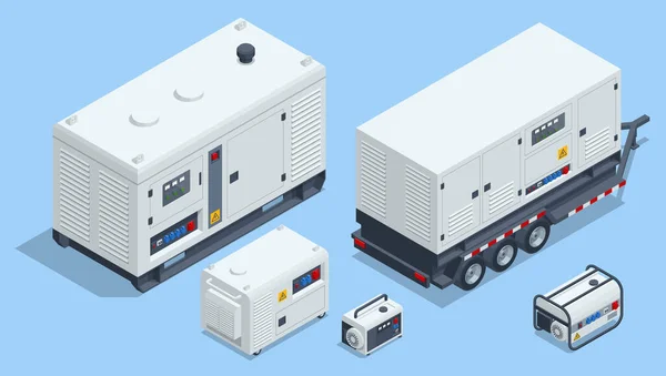 Isometrische Draagbare Elektrische Generator Generator Trailer Industriële Diesel Generator Stand — Stockvector