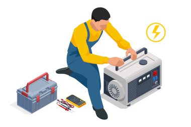 Isometric servis mühendisi dizel güç jeneratörünü tamir ediyor ya da ayarlıyor. Taşınabilir elektrik jeneratörü, endüstriyel dizel jeneratör. Yedek Jeneratör
