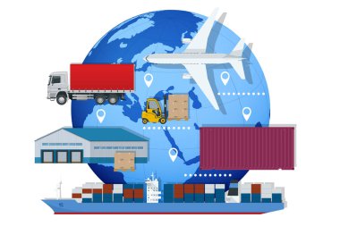 Küresel lojistik ağı. Hava yükü, demiryolu taşımacılığı, deniz taşımacılığı, depo, konteyner gemisi, dünya haritasında şehir silüeti