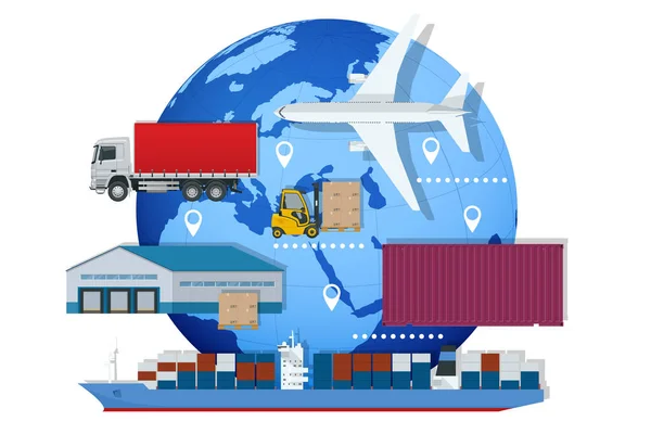 Global Logistics Network Air Cargo Rail Transportation Maritime Shipping Warehouse — Stock Vector