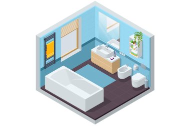 Isometric Modern bathroom interior with white toilet, mirror, sink and bathtub