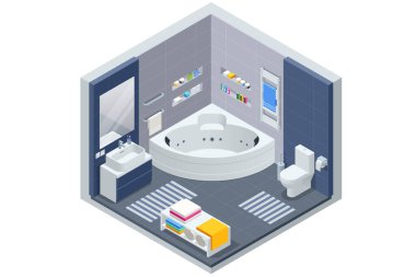 Isometric Modern bathroom interior with white toilet, mirror, sink and bathtub