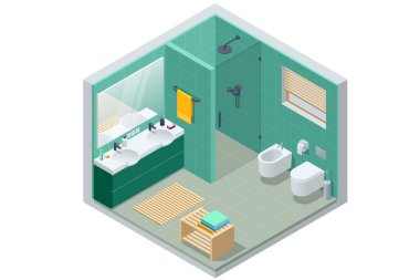 Isometric modern bathroom interior with a white toilet, mirror, sink, and shower cabin