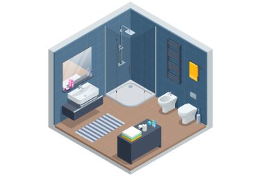 Isometric modern bathroom interior with a white toilet, mirror, sink, and shower cabin