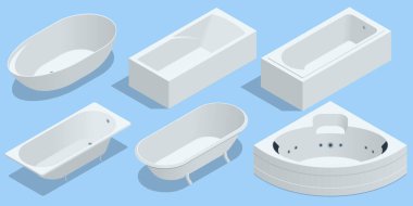 Isometric set of bathtubs for interior design plan. Modern bath isolated on background