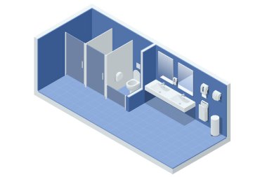 Isometric Clean Public Restroom Interior. Restroom with Cubicles and Sinks. empty wc restroom interior with closed and open cubicles