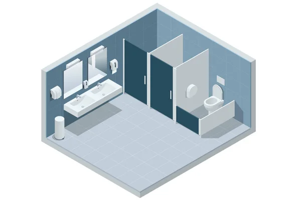 Isometric Clean Public Restroom Interior Restroom Cubicles Sinks Public Toilet — Stock Vector