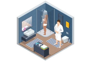 Isometric modern bathroom interior with a white toilet, mirror, sink, and shower cabin. Woman bathes in the shower, man in the bathroom.