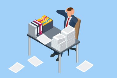 Isometric stacks of paperwork and files in the office, bureaucracy, overload. Bureaucrat in the office, Pile of paper documents, boxes and folders