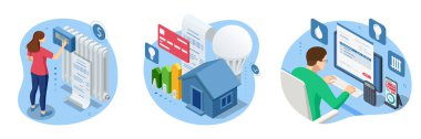 Isometric invoice, payment for heat energy and electricity. Utility bills and saving resources concept. Utility bills payment. Heat energy and electricity consumption expenses. Household utilitie.