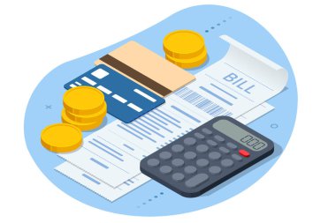 Isometric Online Bill Payment. Home Utilities Bill Payment Services Concept. Gas, Water, Electricity Supply Save energy, pay utility bills